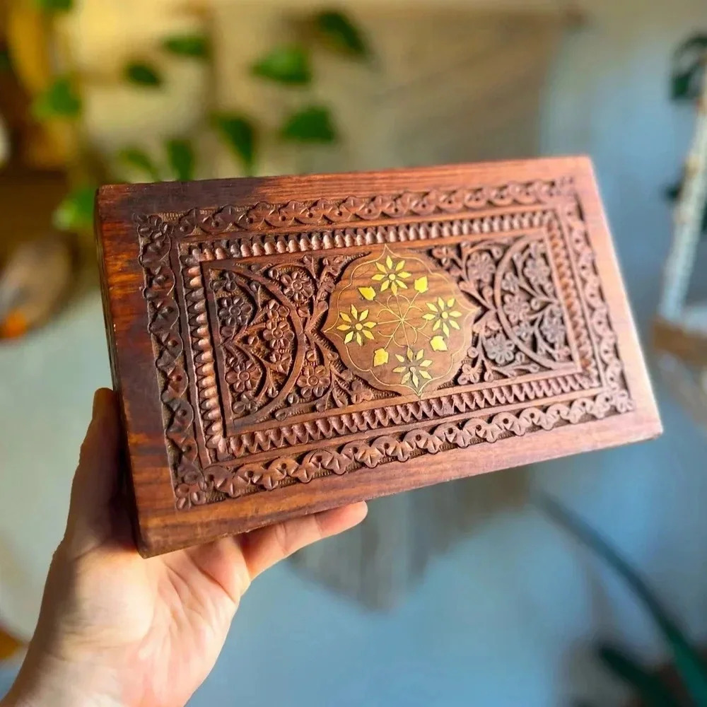 Hand-Carved Wooden Jewelry Box with Brass Inlay - 5x10” Made in India boho style